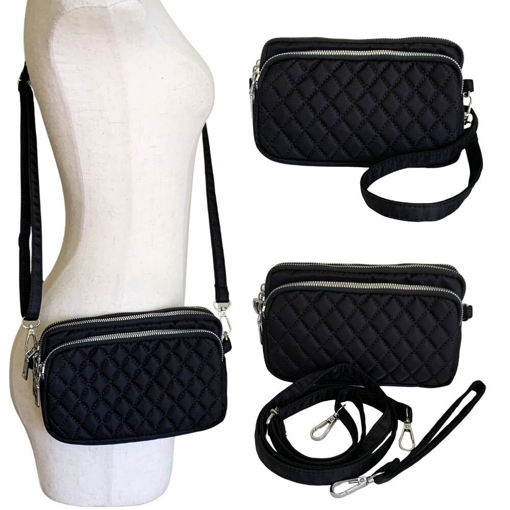 Jielshi Quilted Black Nylon Crossbody Bag Camera Bag Multi Zip Adjustable Strap